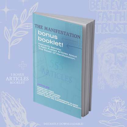 Mock-up of bonus booklet included with 'The Manifestation Bible': Featuring 'The Manifestation Bonus Booklet' containing five heavenly secret articles to deepen understanding.