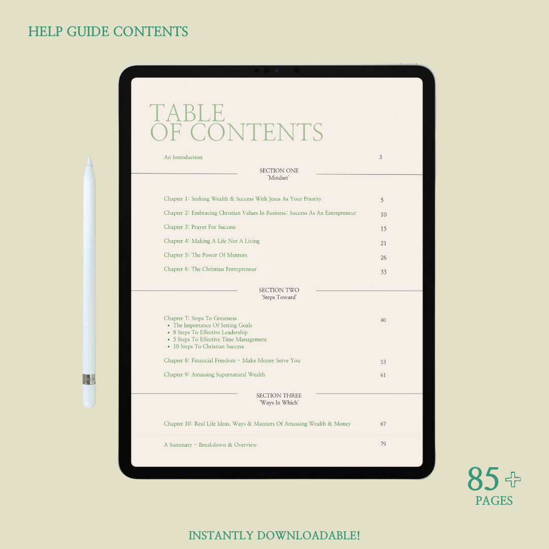 Contents page of 'THE SUCCESS BIBLE - The Essential Guide For A Christian Entrepreneur' displayed on an iPad: Providing an overview of the guide's contents and topics covered.