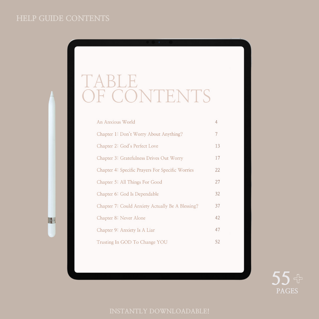 Contents page of 'THE ANXIETY BIBLE - A Guide To Overcoming Stress & Worry' displayed on an iPad: Providing an overview of the guide's contents and topics covered.