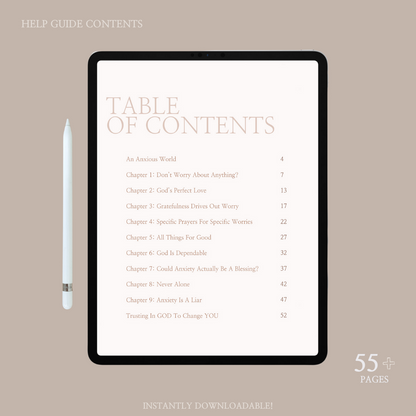 Contents page of 'THE ANXIETY BIBLE - A Guide To Overcoming Stress & Worry' displayed on an iPad: Providing an overview of the guide's contents and topics covered.