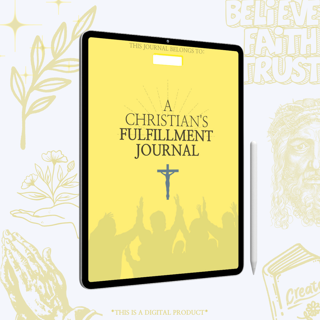 A Christians Fulfillment Journal - Your Future Planner' displayed on an iPad: Featuring a serene design and title, inviting readers to embark on a transformative journey.