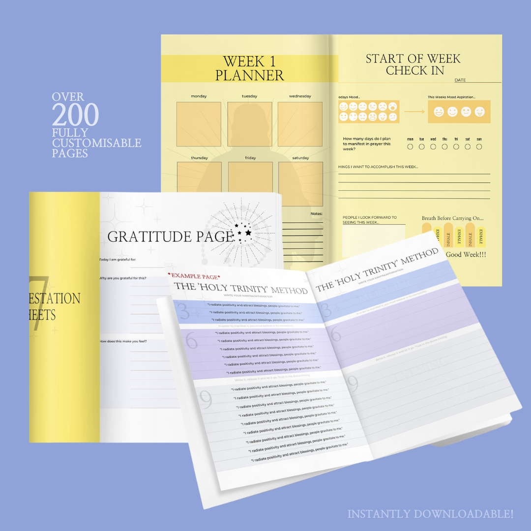 Example pages of 'A Christians Fulfillment Journal - Your Future Planner': Featuring over 200 customizable pages for writing, doodling, drawing, and reflection, providing ample space for personal expression and growth."