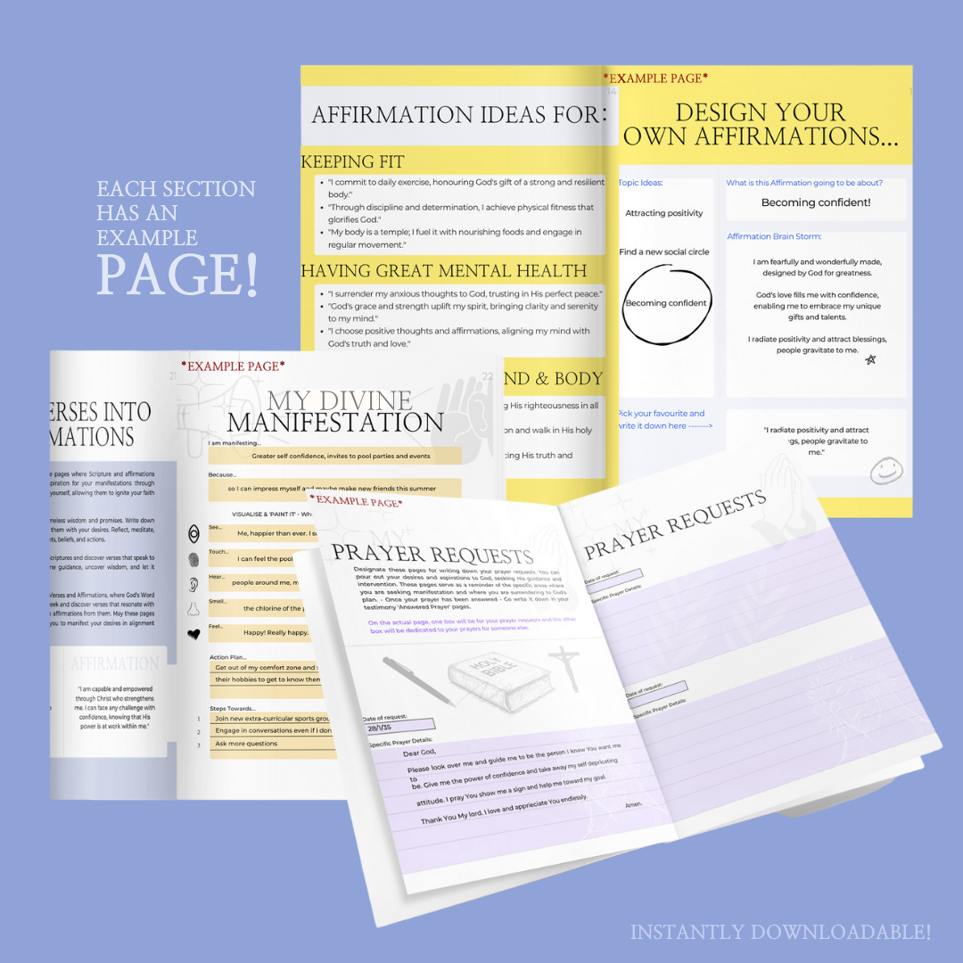 Example pages showcasing sections of 'A Christians Fulfillment Journal - Your Future Planner': Each section includes prompts and example pages to guide the reader through their journey of reflection and self-discovery.