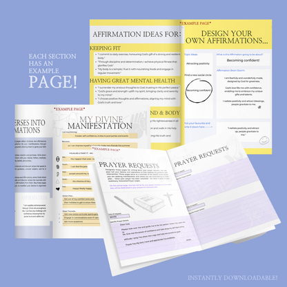 Example pages showcasing sections of 'A Christians Fulfillment Journal - Your Future Planner': Each section includes prompts and example pages to guide the reader through their journey of reflection and self-discovery.