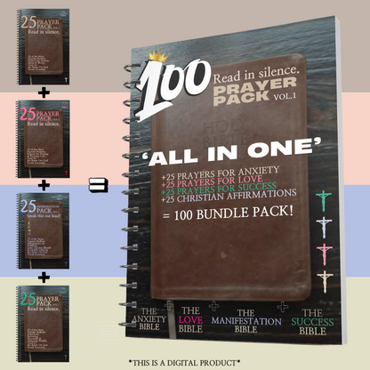 Mock-up of 100 Prayer Pack Bundle - 'All in One': Front cover featuring a compilation of all four prayer packs - Anxiety, Love, Success, and Christian Affirmations - in one comprehensive bundle.