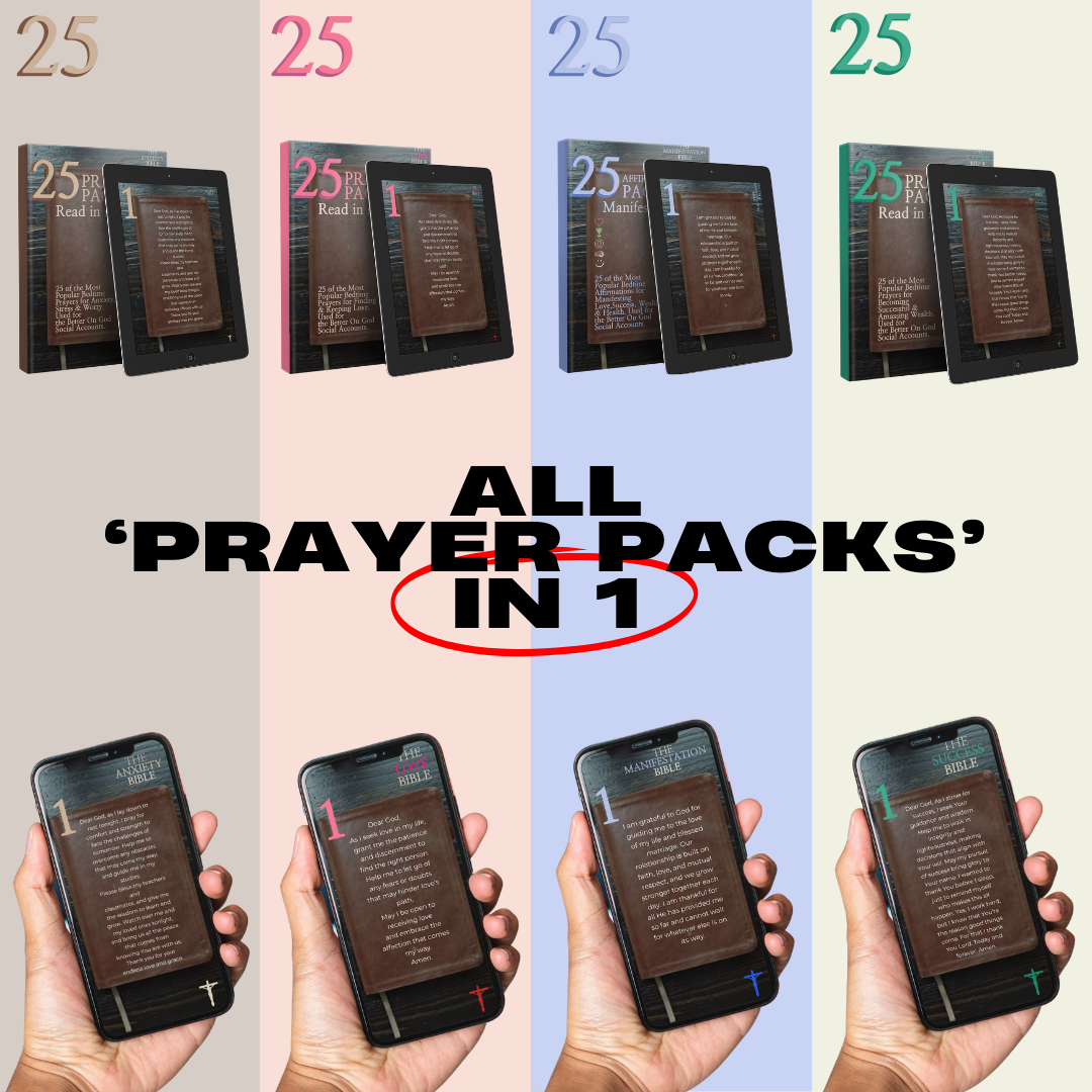 Image displaying front covers of previous prayer packs - Anxiety, Love, Success, and Christian Affirmations - with plus signs in between, indicating a combination of all packs into one comprehensive bundle - 100 Prayer Pack Bundle - 'All in One'