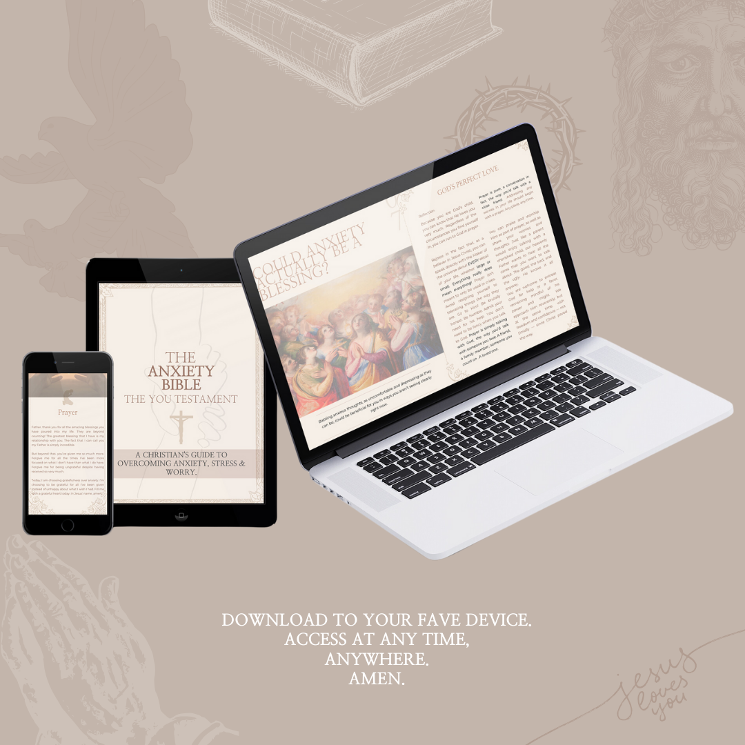 Three devices displaying 'THE ANXIETY BIBLE - A Guide To Overcoming Stress & Worry': Including a phone, a pad, and an iMac desktop, showcasing the front cover and pages from within the eBook, emphasizing accessibility and convenience.