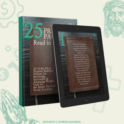 Sample prayer text from 25 Prayer Pack - Success Vol.1: 'Ever feel like you want to pray but can't always come up with new things to say? Here are 25 Prayers READY FOR YOU to read and recite every single day, morning and night. God Bless You.' Also a mock up of the prayer pack on an ipad and book, ebook.