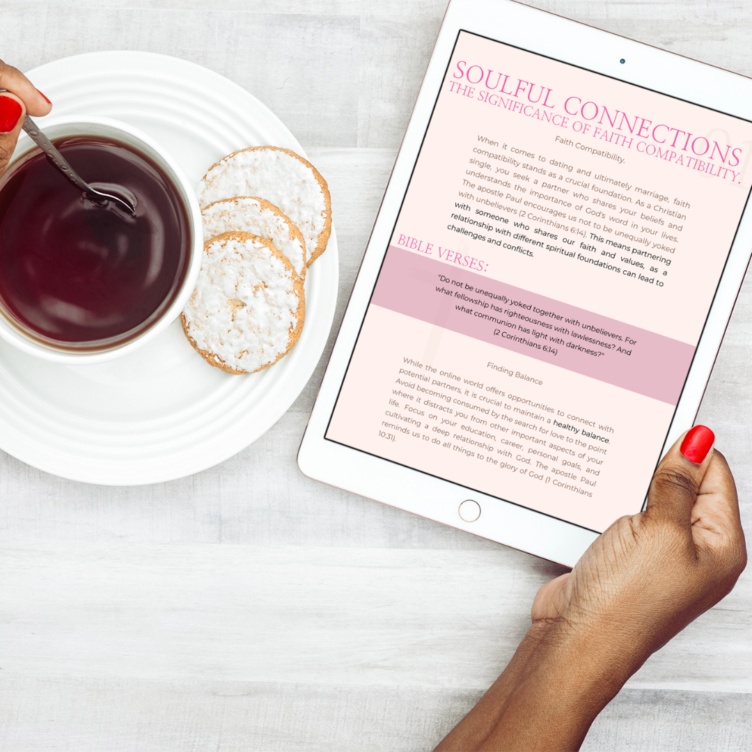 Woman's hands holding an iPad displaying a chapter page from 'The Love Bible - A Guide for Christian Women' about soulful connections and the significance of faith compatibility.