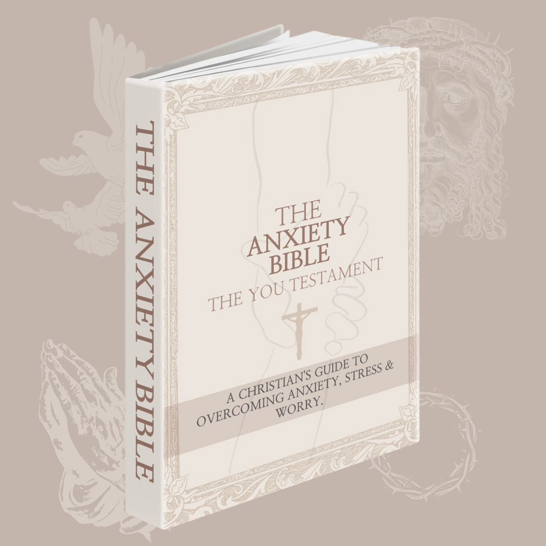 Front cover mock-up of 'THE ANXIETY BIBLE - A Guide To Overcoming Stress & Worry': Featuring a bold title and claim as the #1 Christian help guide worldwide, offering relief from anxiety.