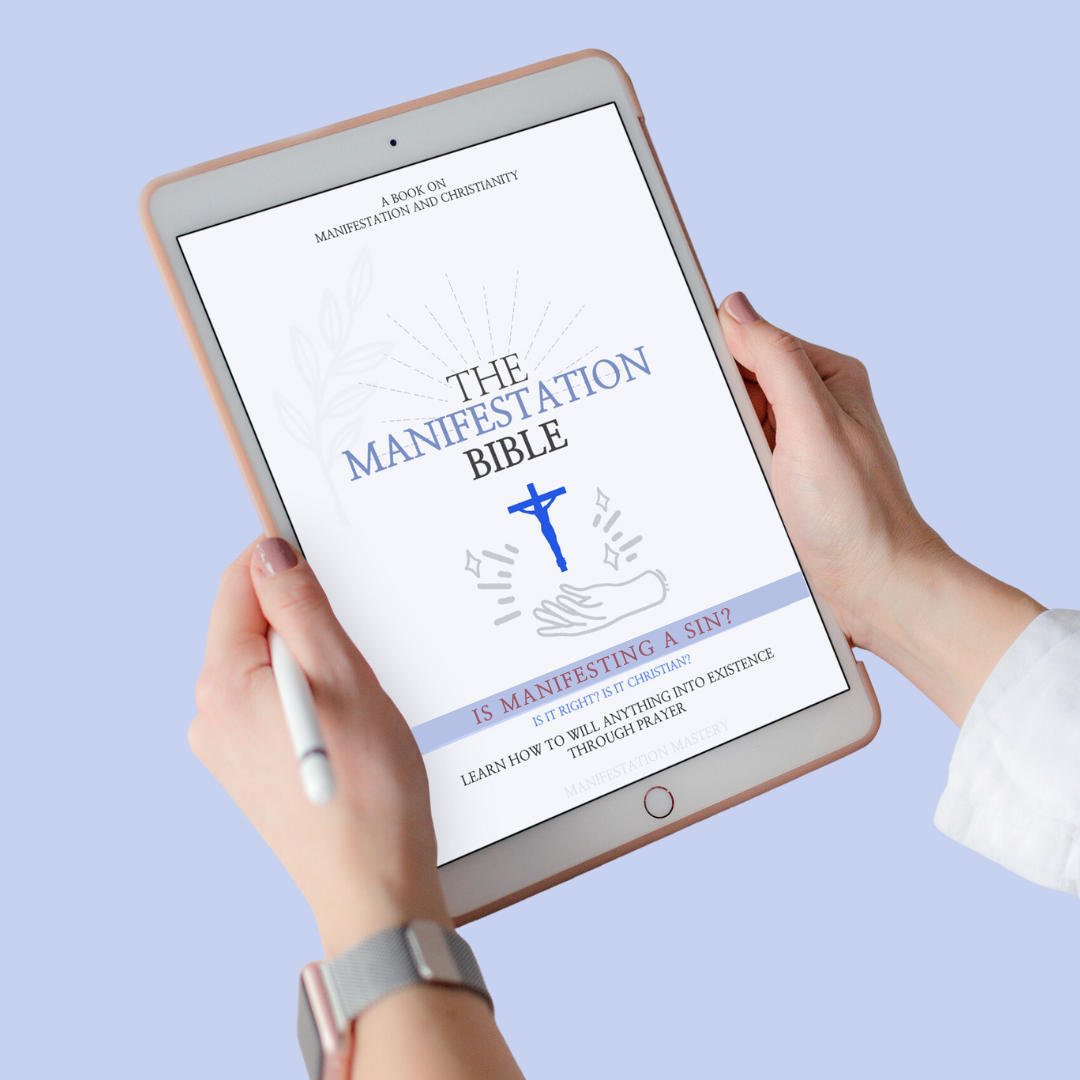 Front cover of 'The Manifestation Bible - Co-Creation in christianity' displayed on an iPad held by someone in real-life: Showcasing the guide as a tangible resource for exploring manifestation within Christianity.